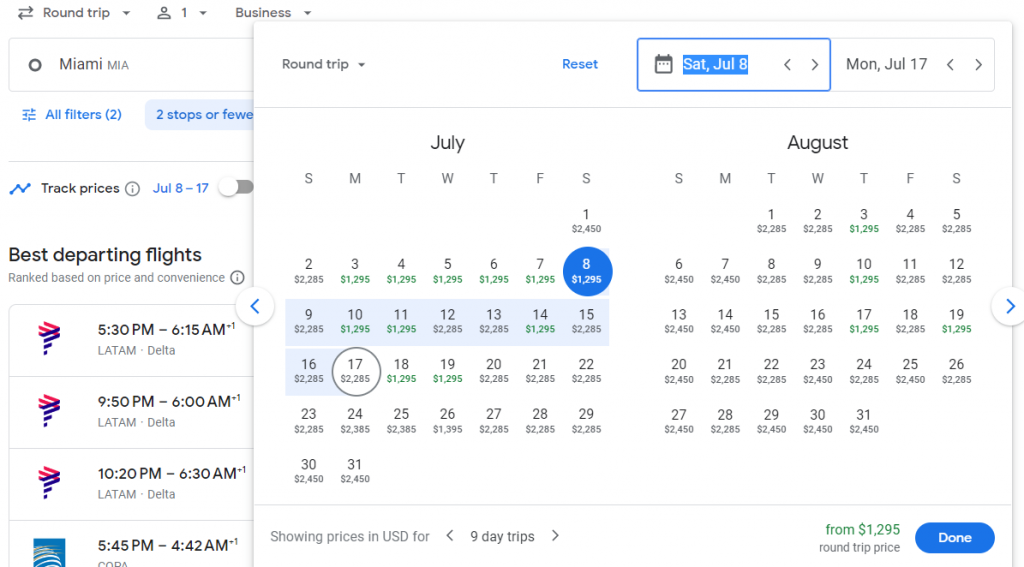 Business Class to Chile from Miami