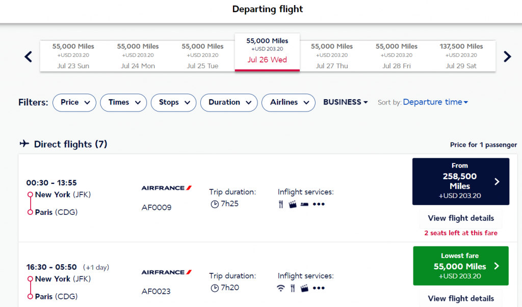 Business Class Award from USA to Europe