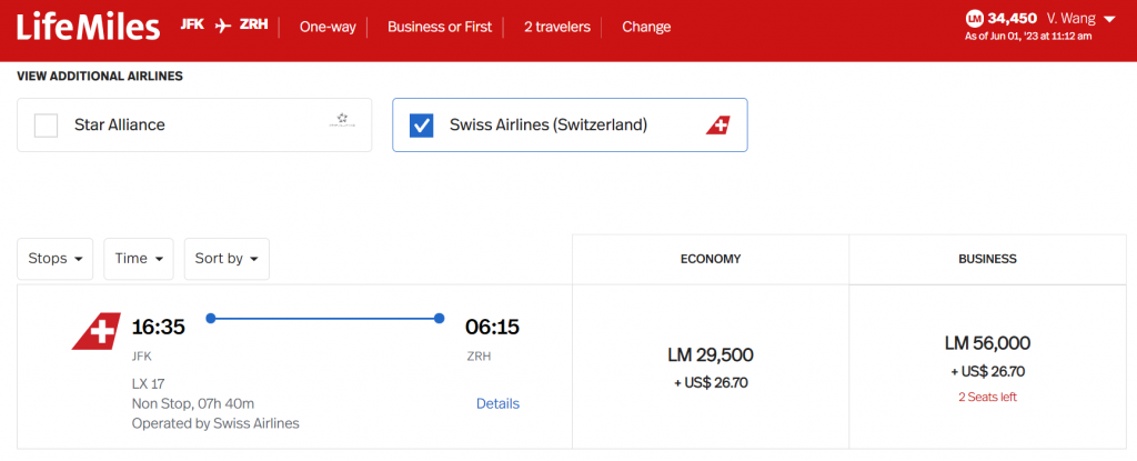 Business Class Award between East Coast USA and Switzerland