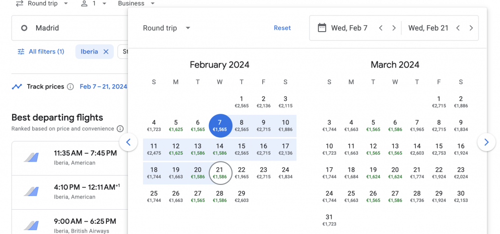 Business Class from Spain to West Coast USA