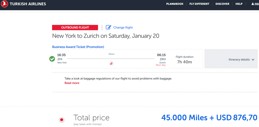 Business Class Award between East Coast USA and Switzerland