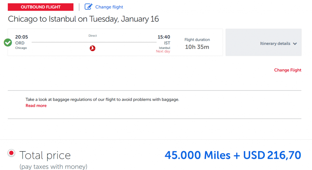 Business Class Award Between USA and Turkey