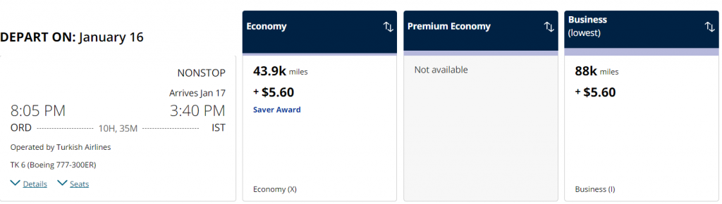 Business Class Award Between USA and Turkey