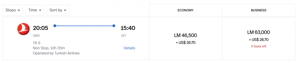 Business Class Award Between USA and Turkey