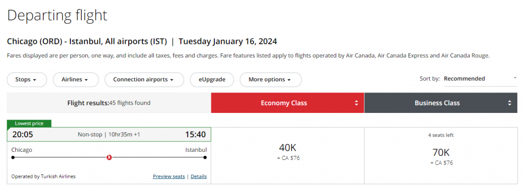 Business Class Award Between USA and Turkey