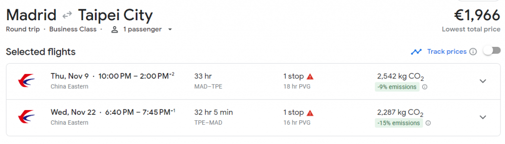 Business Class from Spain to Taiwan