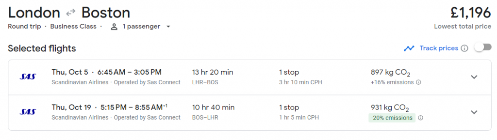 Round Trip Business Class from England to Boston