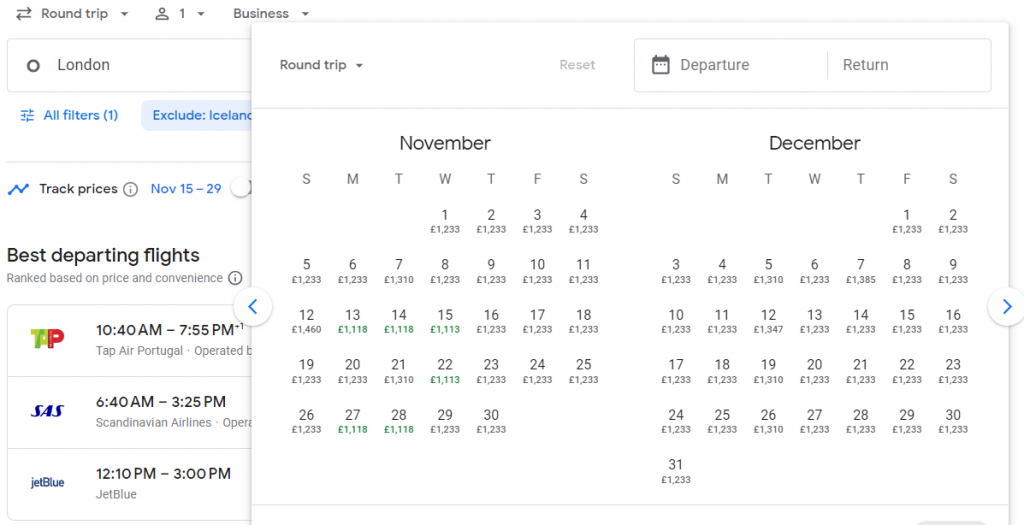 Round Trip Business Class from England to Boston