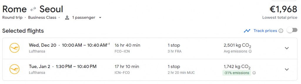 Business Class from Italy to South Korea