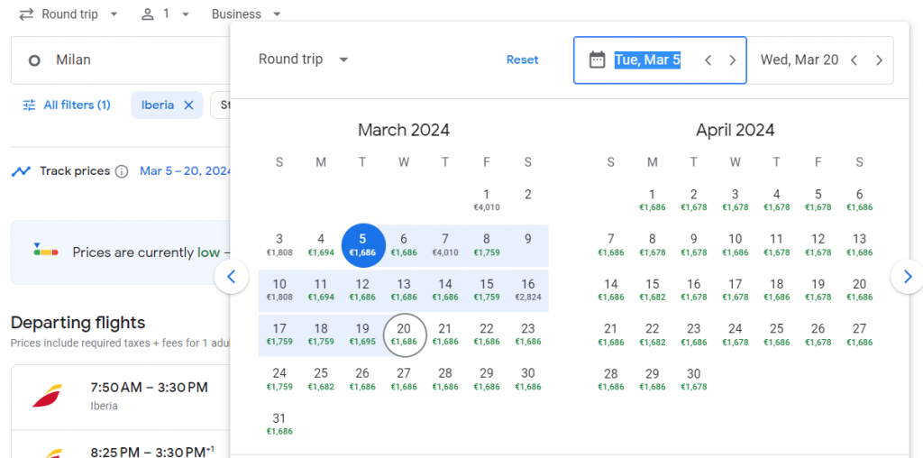 Business Class from Milan to Boston