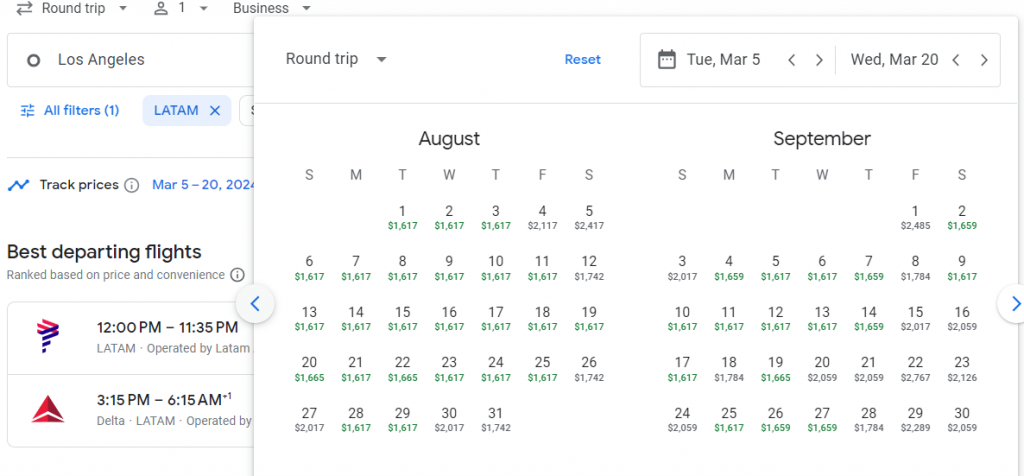 Business Class from Los Angeles to Peru