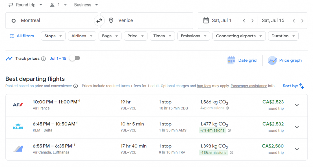 Business Class from Canada to Italy