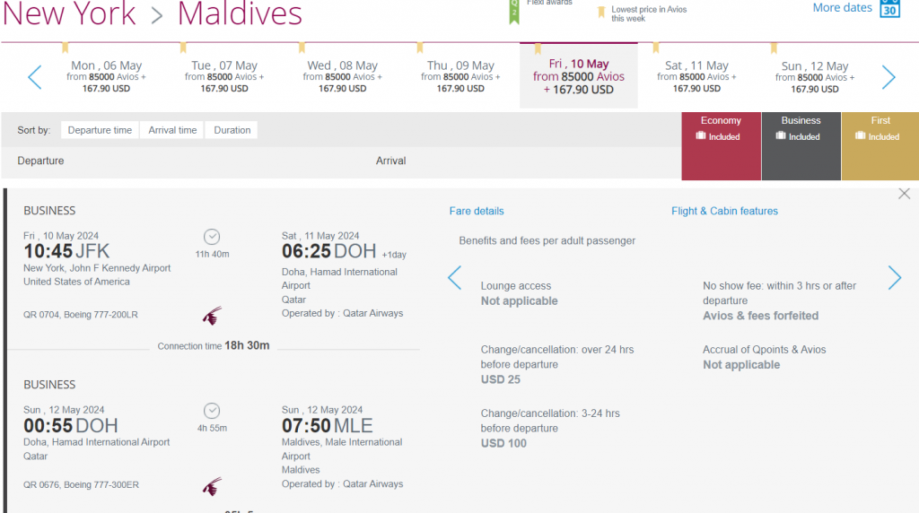 Business Class from USA to Maldives