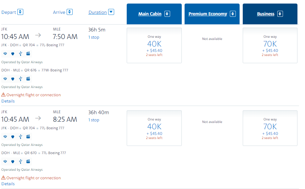 Business Class from USA to Maldives