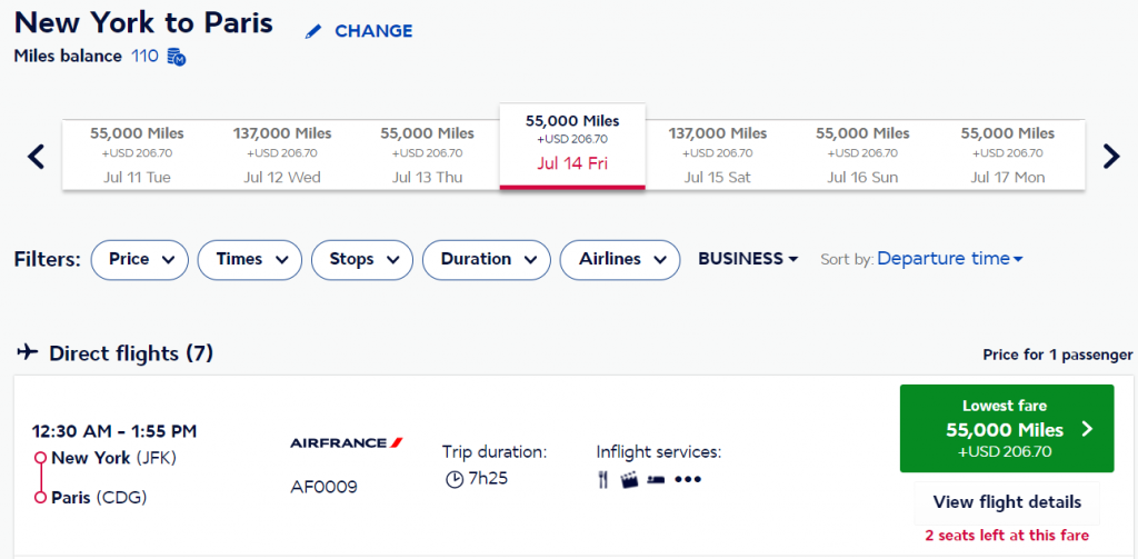 Business Class from USA to Paris