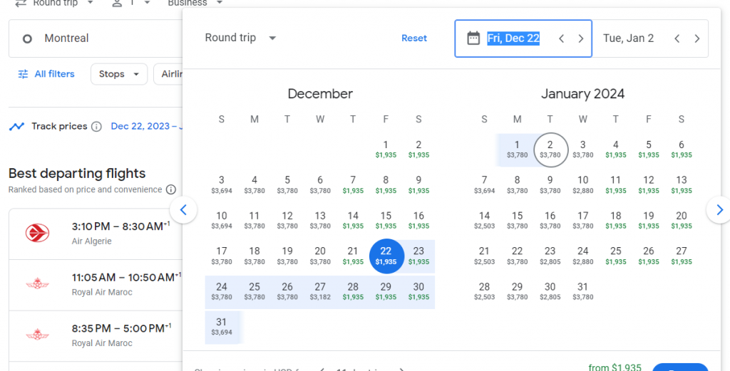 BUSINESS CLASS from Canada to Tunisia