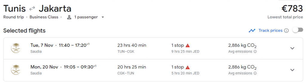 Business Class from Tunisia to Indonesia