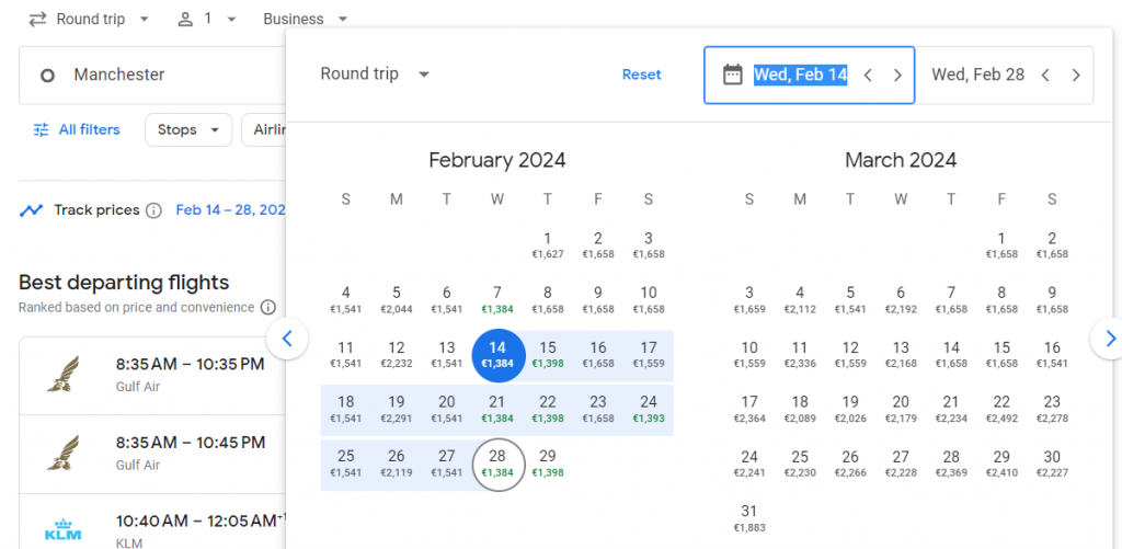 Business Class from Manchester to Middle East