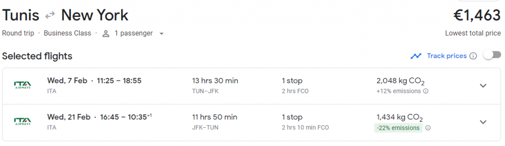 Business Class from Tunisia to New York