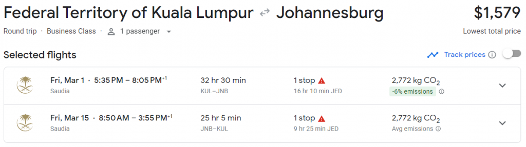 Business Class from Malaysia to South Africa