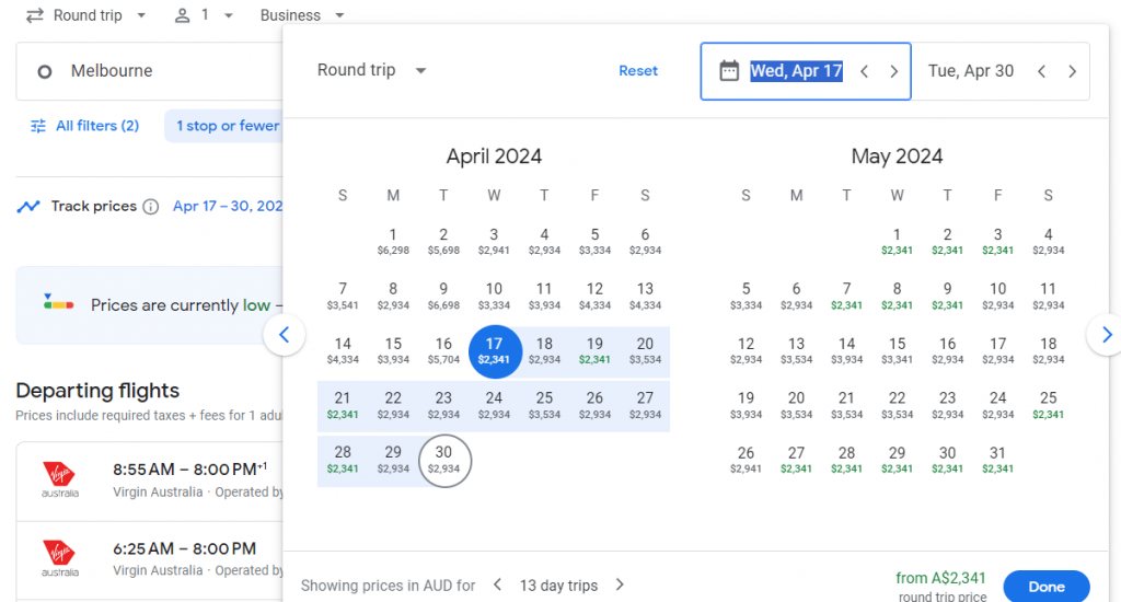 Business Class from Australia to Japan