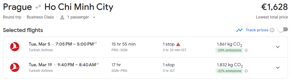 Business Class from Prague to Vietnam