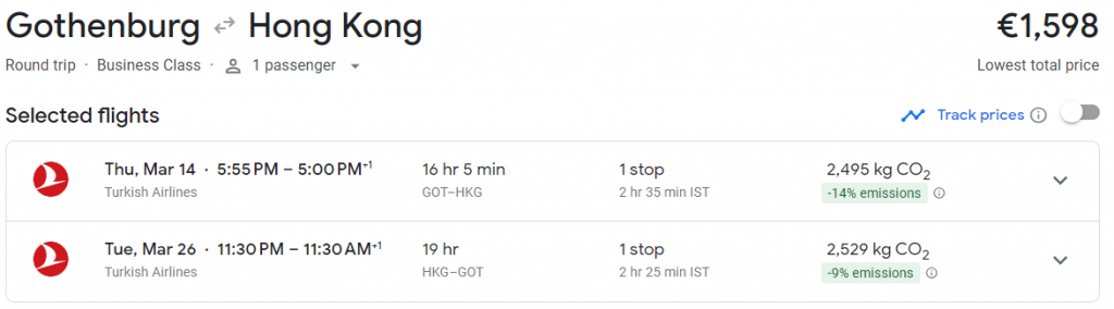 Business Class from Sweden to Hong Kong