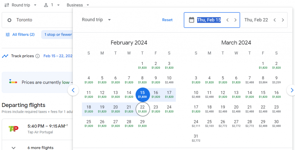 Business Class from Canada to Madeira