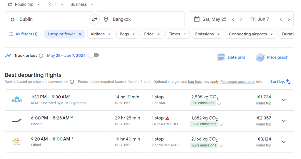 Business Class from Ireland to Thailand