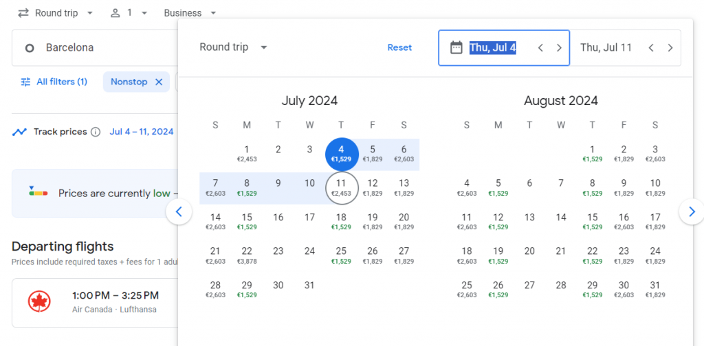 Business Class from Spain to Canada