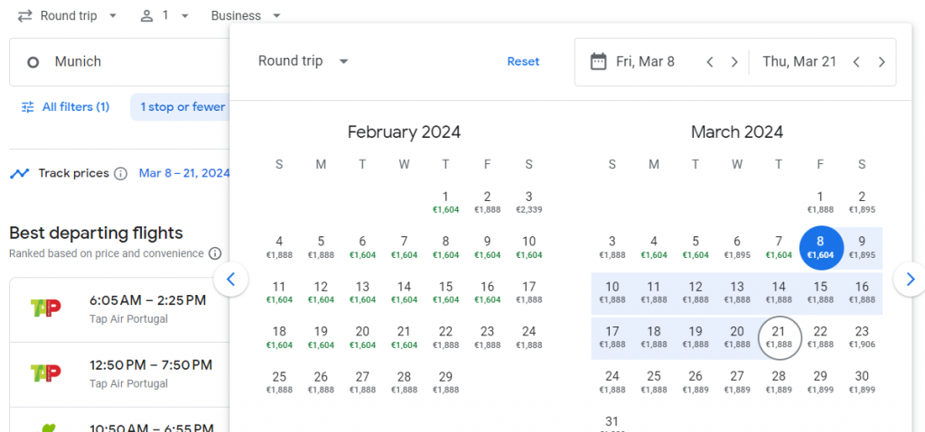 Business Class from Munich to Boston