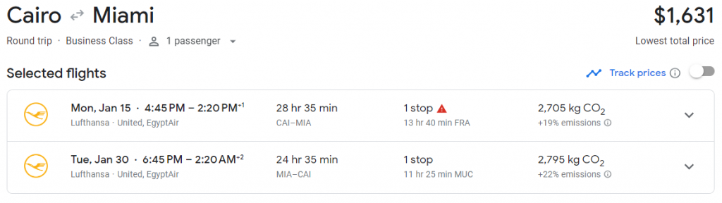 Business Class from Egypt to Miami