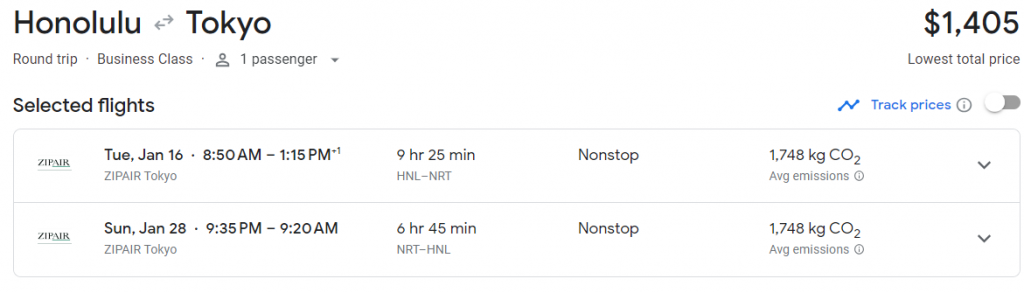 Business Class from Hawaii to Tokyo