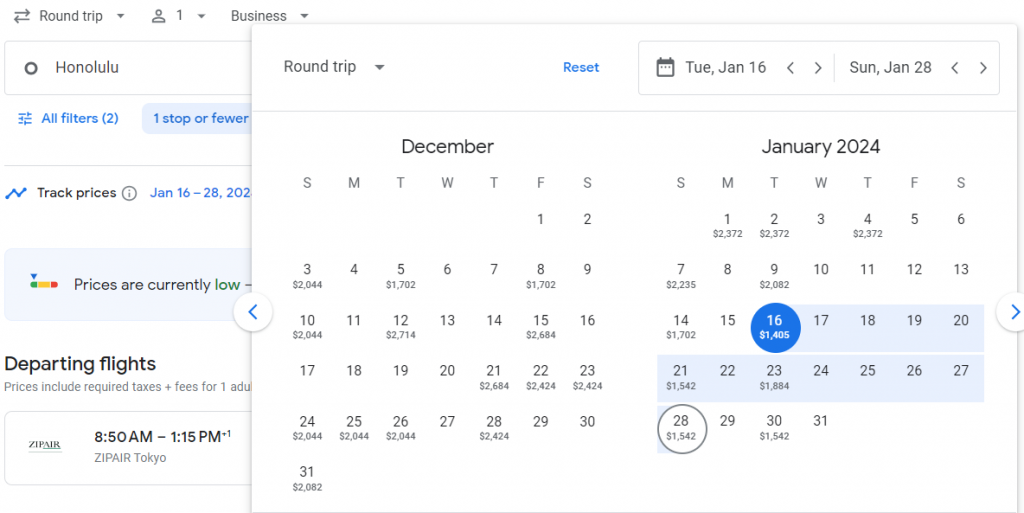Business Class from Hawaii to Tokyo
