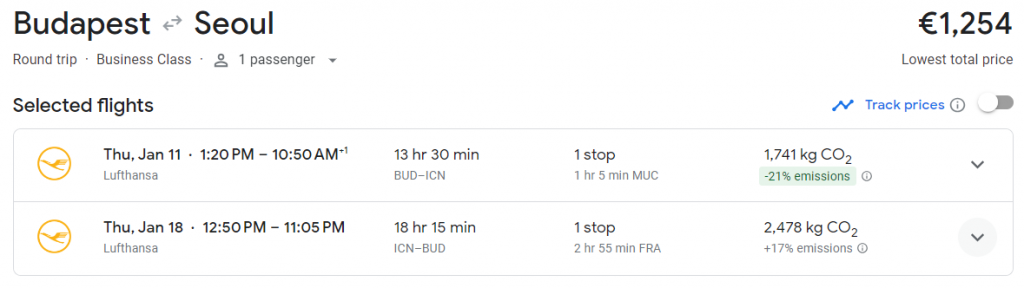 Business Class from Hungary to South Korea
