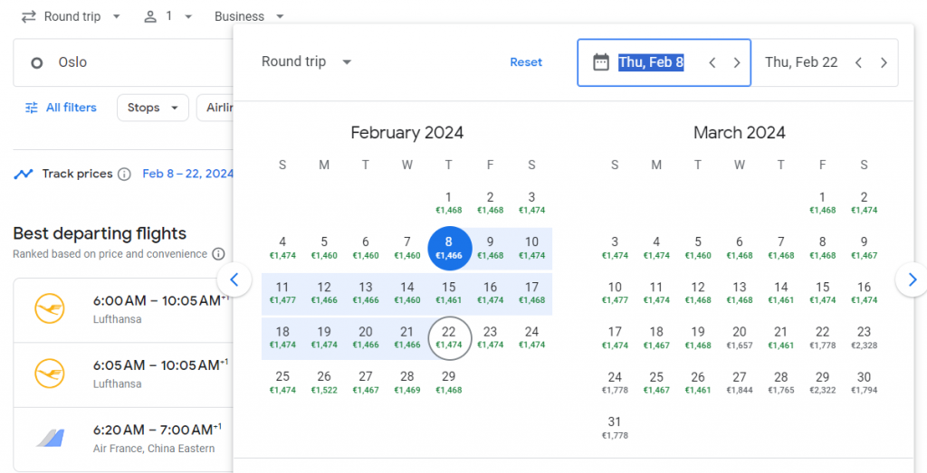 Business Class from Norway to China