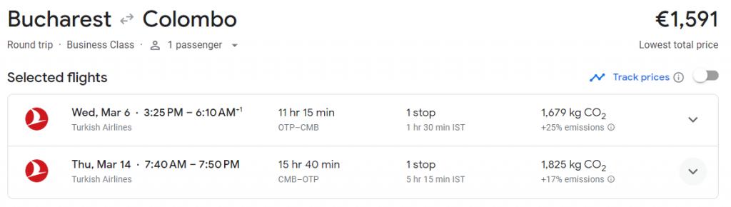 Business Class from Romania to Sri Lanka