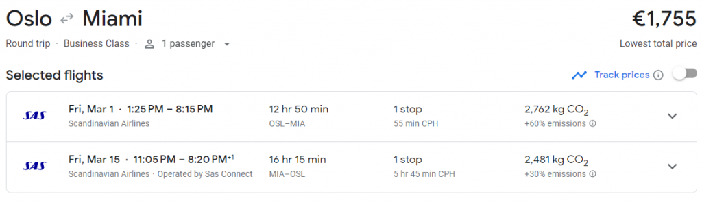 Business Class from Norway to Miami