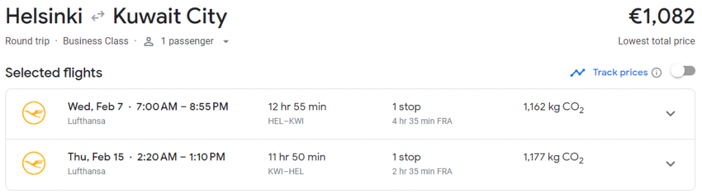 Business Class from Finland to Kuwait