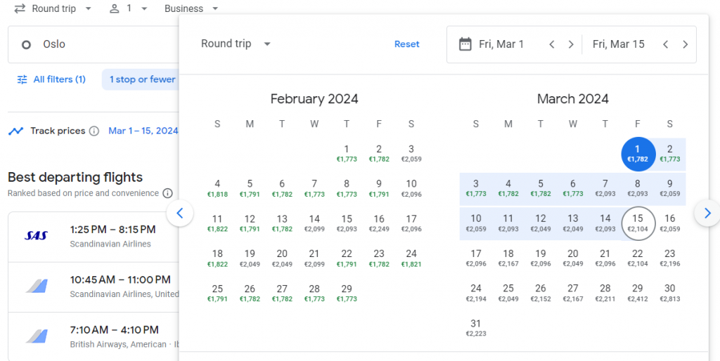 Business Class from Norway to Miami