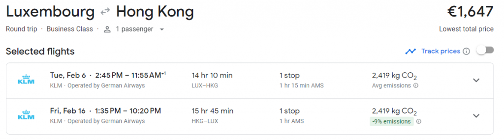 Business Class from Luxembourg to Hong Kong