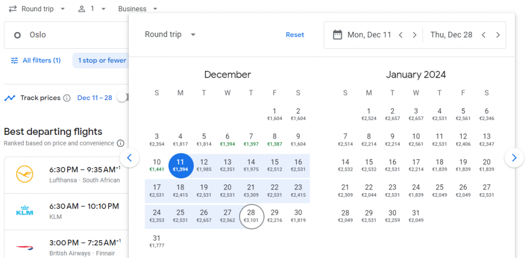 Business Class from Norway to South Africa