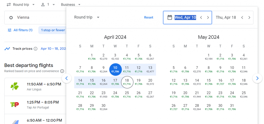 Business Class from Austria to Boston