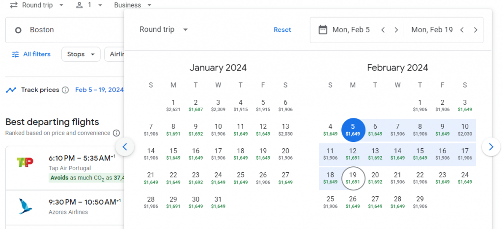 Business Class from Boston/New York to Portugal