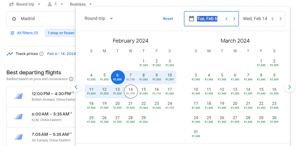 Business Class from Spain to China