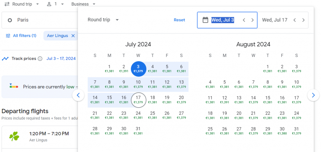 Business Class from Paris to New York