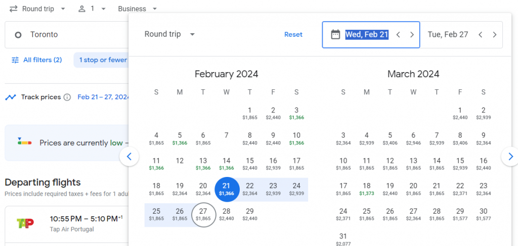 Business Class from Canada to Madeira