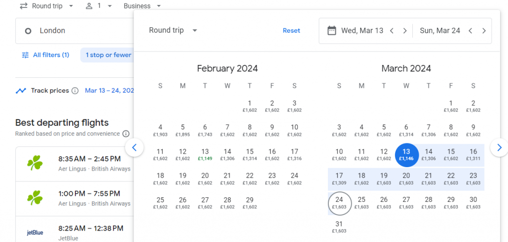 Business Class from London to Boston