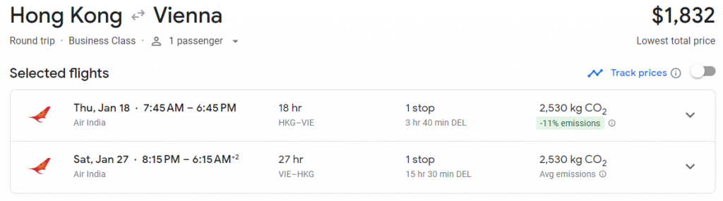 Business Class from Hong Kong to Vienna