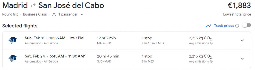 Business Class from Madrid to San José del Cabo